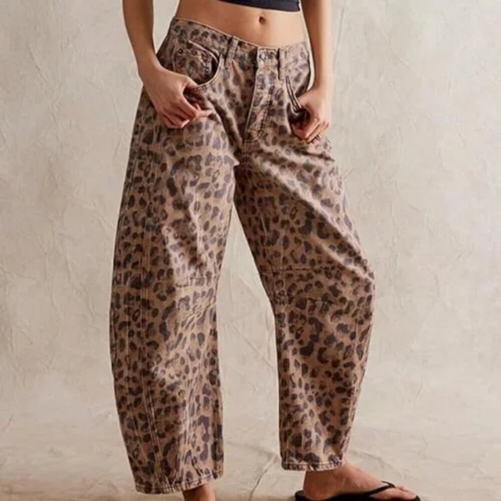Leopard Print Baggy Barrel Cut Jeans Pants - Picture 3 of 6